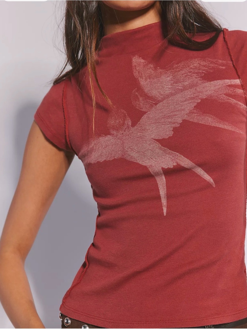 Free People Short Sleeve Tee in Rust with Bird Graphic